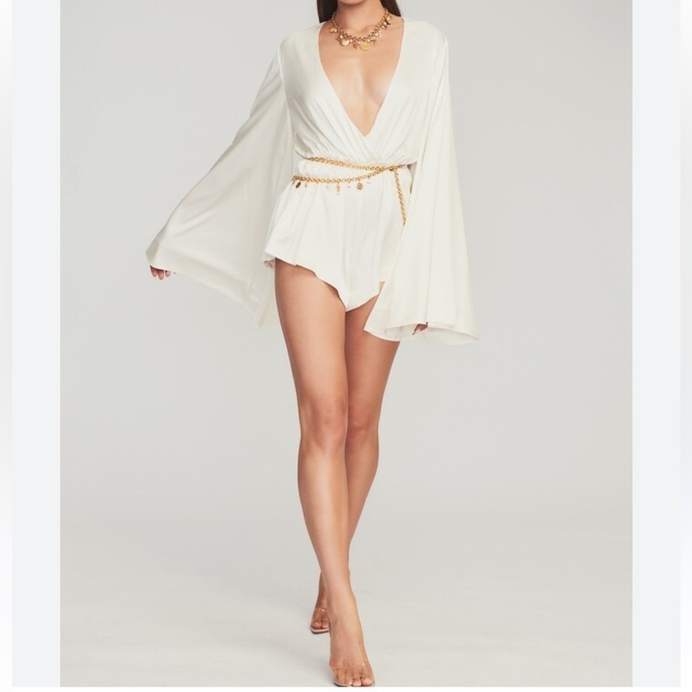 Audrey 3+1 sheer Endless Coastline Kimono Sleeve plunge Romper Sz M Women